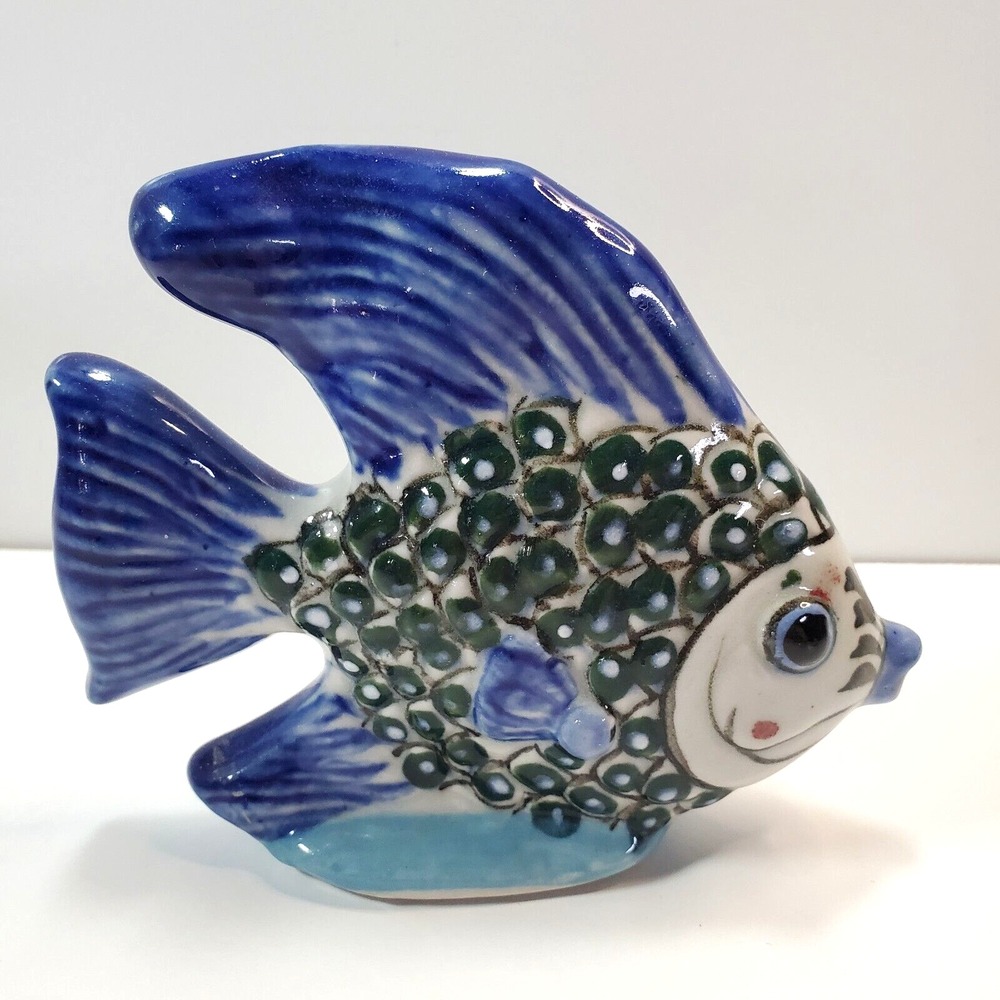 Vtg Mexican Pottery Fish Figure Figurine Table Decor Nautical Folk Art Signed